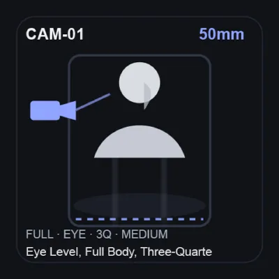 50mm — Eye Level, Full Body, Three-Quarter Angle