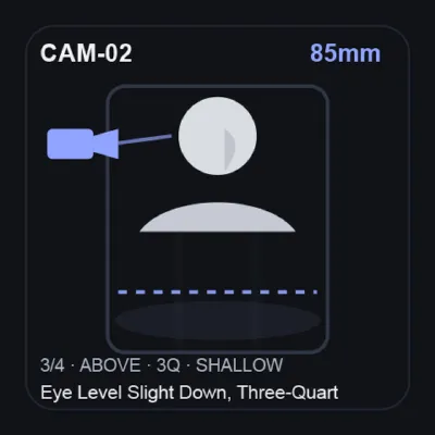 85mm — Eye Level Slight Down, Three-Quarter, Cowboy