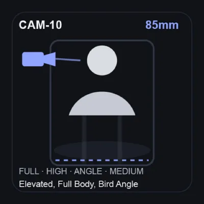 85mm — Elevated, Full Body, Bird Angle
