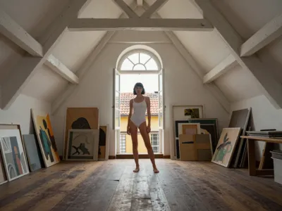 Artist's Attic — Arched Window, Stacked Canvases