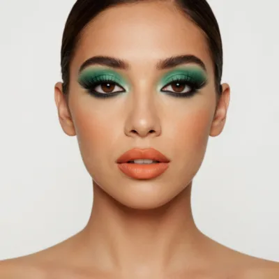 70s Glam Eye — Green Shadow, Lashes, Orange-Coral Lip