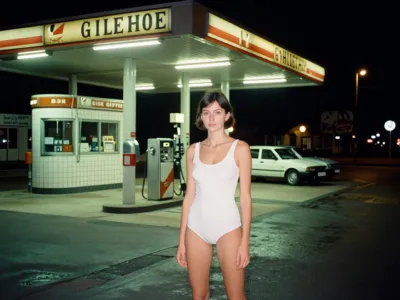 1980s Gas Station — Analog Night, Flash Snapshot