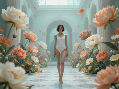 Surreal Floral Atrium — High-Fashion Editorial, Diffused Pastel Light