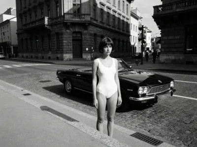 Urban Street Scene — Analog Monochrome, High Contrast Daylight
