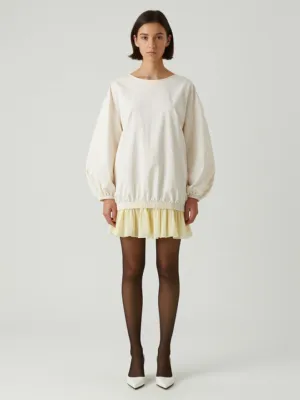 Cream Jacket-Dress + Yellow Skirt + Brown Tights