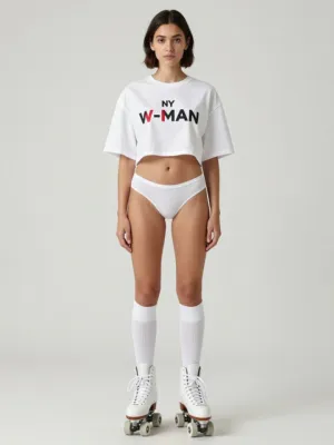 White Cropped Tee, High-Cut Briefs and Knee-High Socks