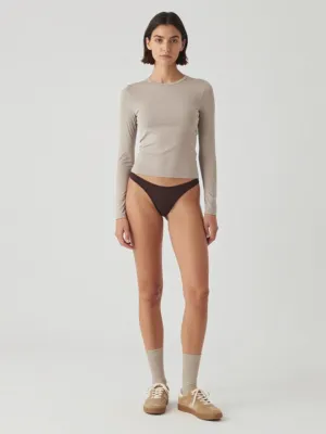 Taupe Jersey Top, Brown Micro-thong, Suede Sneakers