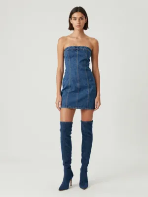 Denim Set — Indigo, Strapless Mini and Over-the-Knee Boots