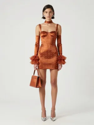 Mini Dress — Metallic Orange, Studded Detail