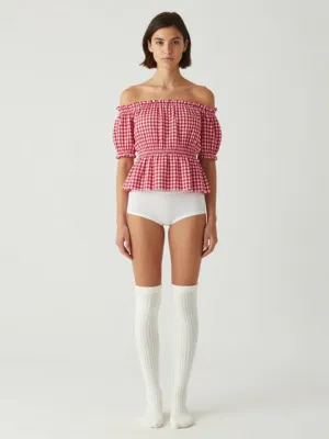 Gingham Top & Knit Socks — Red/White Cotton, White Knit