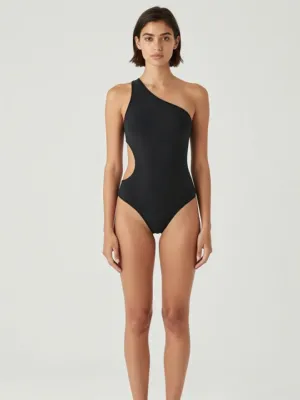 One-piece Swimsuit — Black Matte Nylon, Asymmetric Cutout