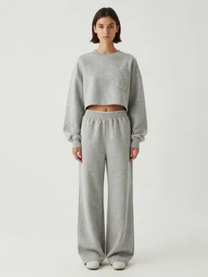 Loungewear Set — Heather Grey, Cropped Sweatshirt and Wide-Leg Pants