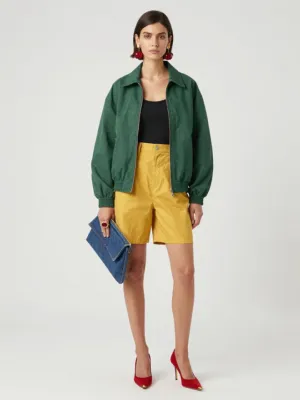 Mixed-Material Ensemble — Forest Green, Mustard Yellow
