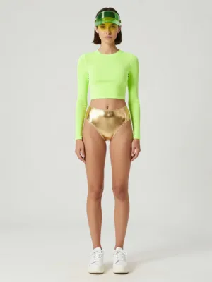 Athletic Glam — Neon Top & Gold Swimsuit