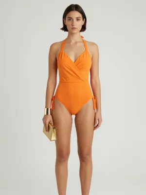 Orange Halter Swimsuit — Draped Sweetheart, Tie Sides + Gold Accessories