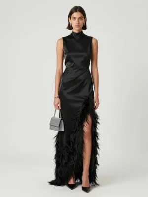 Evening Look — Satin Dress and Ostrich Feathers