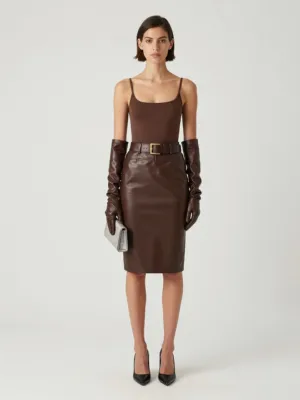 Brown Leather Look — Bodysuit, Skirt and Gloves