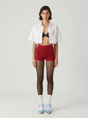 Hybrid Look — White Shirt, Mesh Bra and Red Shorts