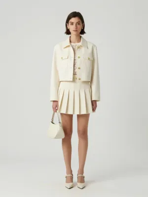 Cream Ensemble — Cropped Jacket and Pleated Mini