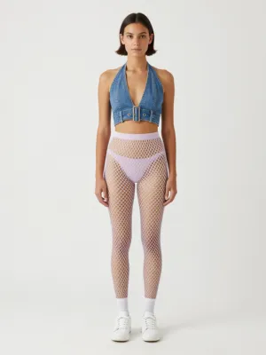 Denim Crop Halter Vest + Fishnet Tights + Pink Brief + White Sneakers