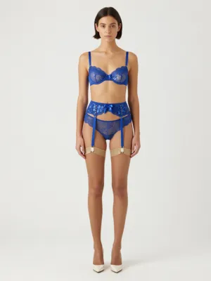Royal Blue Lace Lingerie Set — Bra + Suspender Belt + Tanga + Nude Stockings