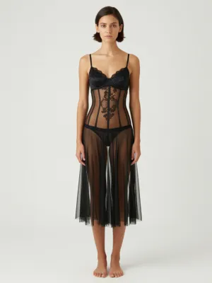 Black Sheer Babydoll — Bustier Top + Tulle Skirt + Thong