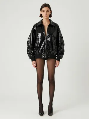 Patent Vinyl Bomber Jacket — Open, Wet-Look, Tights, Stiletto Pumps