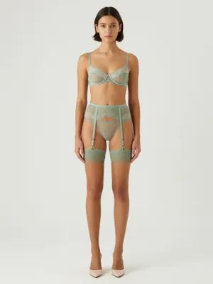 Sage-Green Lace Lingerie Set — Balconette, Tanga, Straps, Slingback