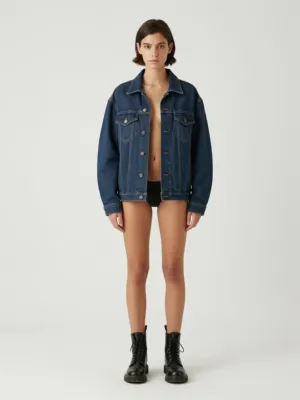 Open Dark Denim Jacket + Black Brief + Combat Boots