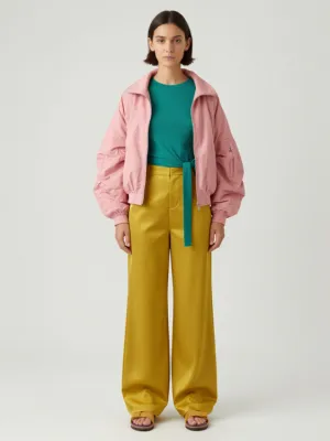 Teal Long-Sleeve + Pink Bomber Jacket + Yellow Satin Trousers