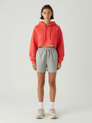 Coral Cropped Hoodie + Racer Bra + Grey Shorts + Foam Runners