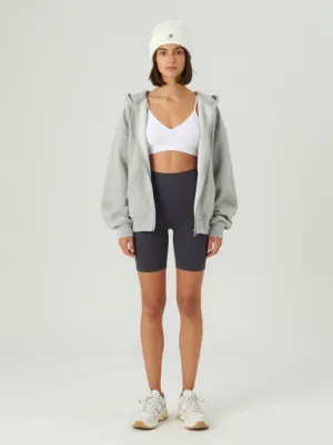 White Triangle Bra + Grey Zip Hoodie + Charcoal Bike Shorts + Dad Sneakers