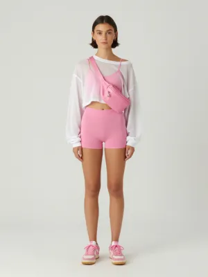 Pink Bra + Micro Shorts + Mesh Longsleeve + Retro Basketball Sneakers