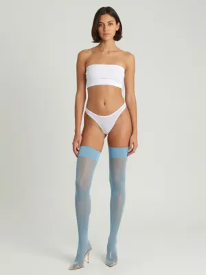 White bandeau top, white thong, light-blue stockings