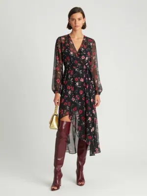 Floral Chiffon Gown and Burgundy Leather Boots