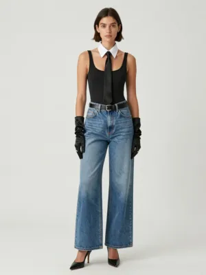 Wide-Leg Light-Wash Denim, Opera Gloves, White Collar