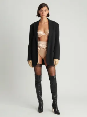 Oversized Black Blazer, Thigh-High Boots, Nude Garter Set