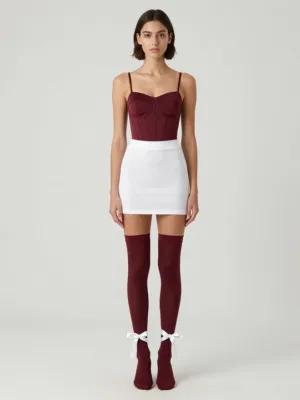 Burgundy Cotton Bustier and White Mini Skirt