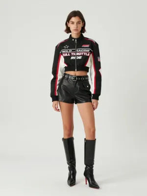 Racing-inspired Cropped Top, Leather Shorts, and Boots