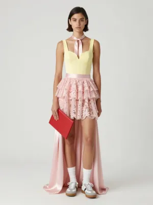 Pale Yellow Bodice and Pink Tiered Gown with Sneakers