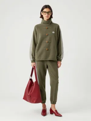 Olive Toggle-Closure Tracksuit and Red Leather Accessories